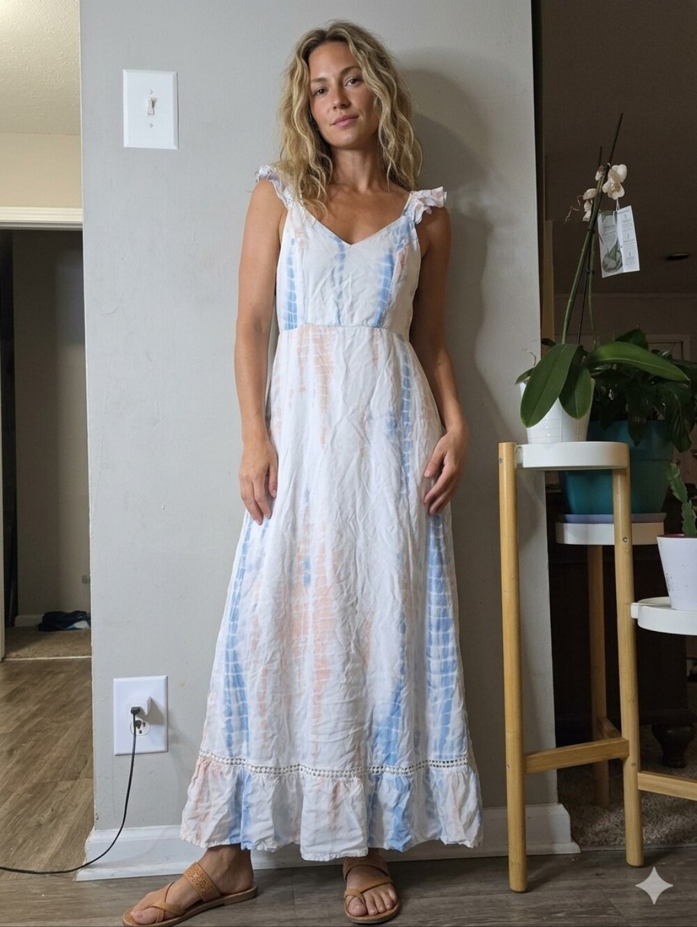 Japna Blue & Cream Tie-Dye Ruffle Strap Maxi Dress